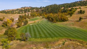 A golf course with a well-maintained green, rolling hills, and a forested area in the background. - Elkhorn Ridge Resort (Spearfish)