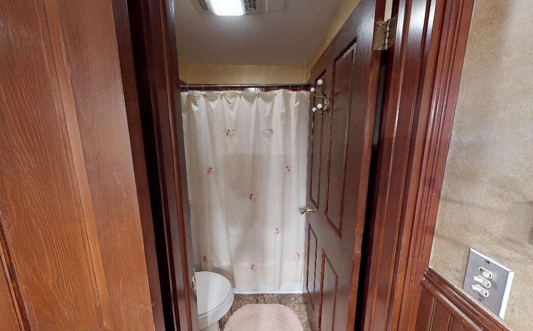 A narrow bathroom with a toilet, a shower curtain, and a wooden door.