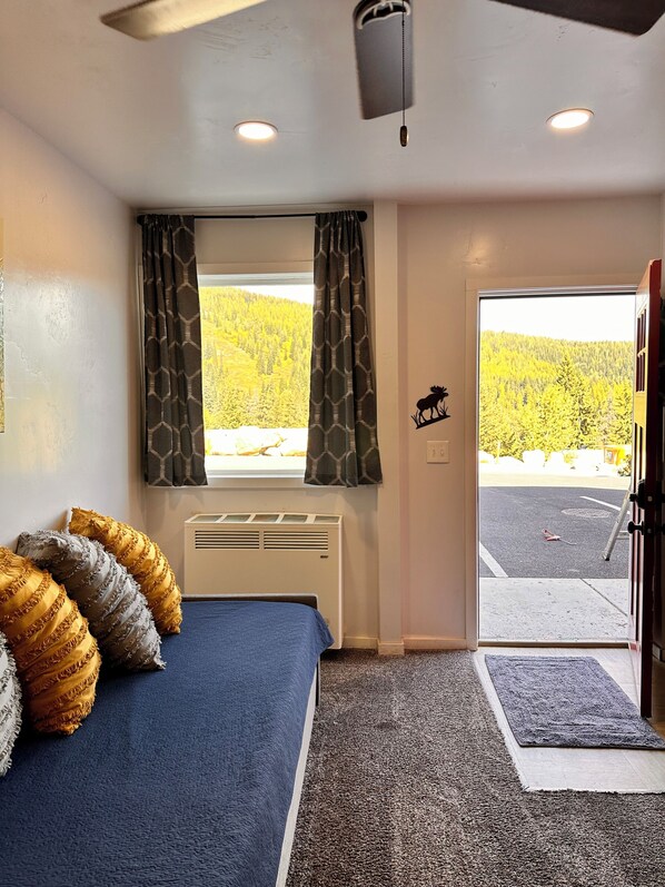 A room with a bed, a window with curtains, a radiator, a ceiling fan, and a view of a forested area outside.