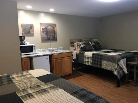 A compact bedroom with a bed, a small kitchenette, and a bathroom.