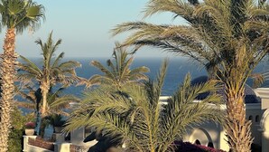 Ein Resort mit Palmen, einem Pool und Blick auf das Meer.
