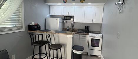 Fridge, microwave, oven, coffee/tea maker