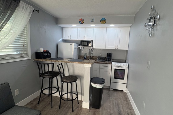 Fridge, microwave, oven, coffee/tea maker