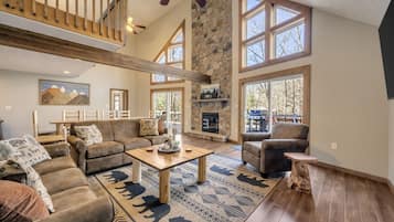 Smart TV, fireplace, foosball