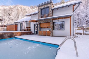 A modern house with a pool, stone facade, and a view of snowy mountains.