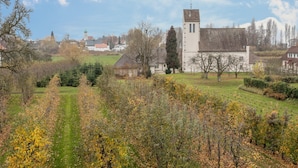 Ländliche Landschaft mit Kirche, offenen Feldern und vereinzelten Bäumen.