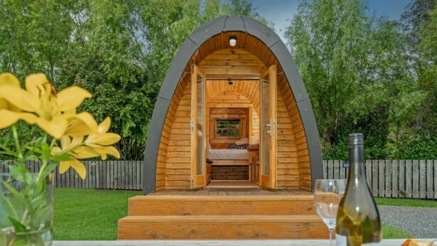 A cozy, semi-circular wooden cabin with a bed and a small table, surrounded by greenery. - Coromandel Shelly Beach TOP 10 Holiday Park (Coromandel)