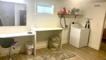 Hair dryer, towels, soap, shampoo