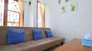 A room with a sofa, a table, and a tissue box.