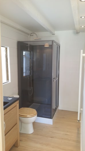 Shower, hair dryer, towels, toilet paper