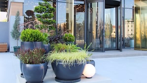 Una entrada moderna de edificio con puerta giratoria, plantas en macetas y fachada de vidrio que refleja el entorno.