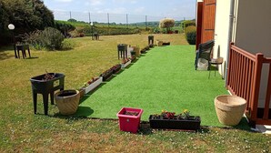 Un jardin bien entretenu, agrémenté de diverses plantes en pot et d’une pelouse.
