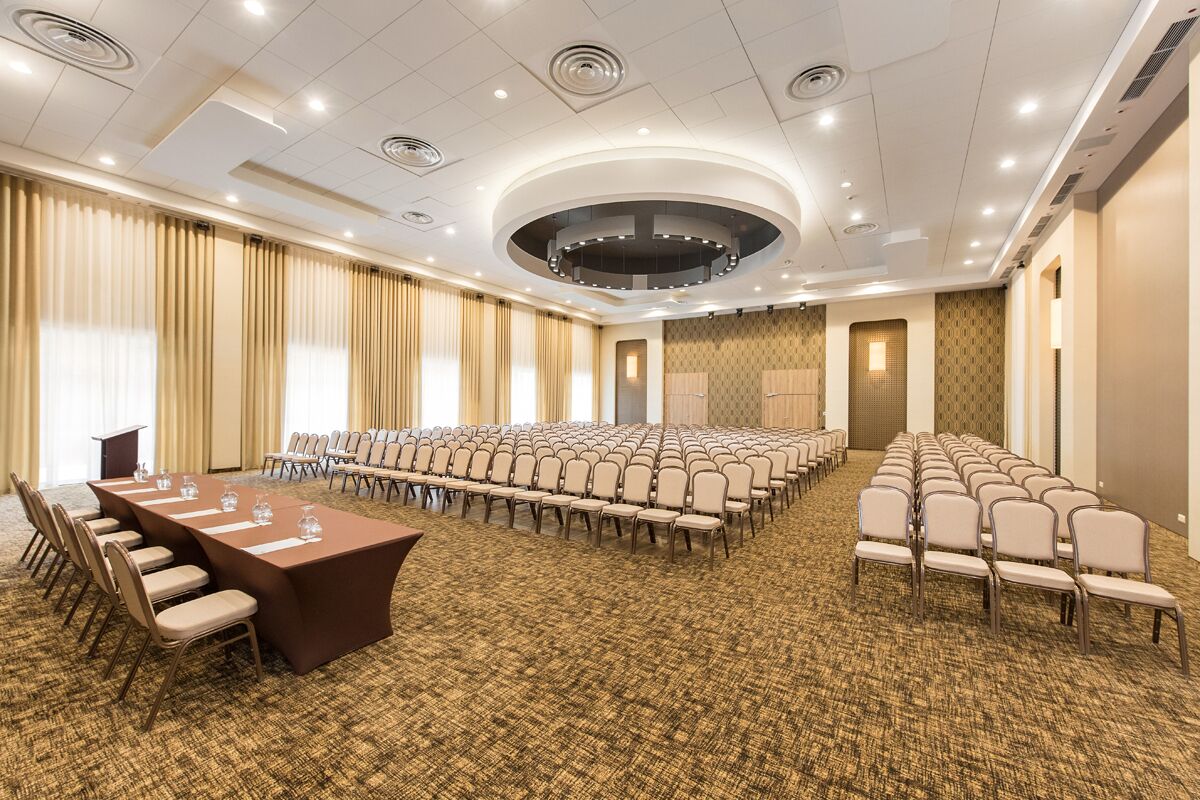 Una sala conferenze con un lungo tavolo, file di sedie e un pavimento con moquette.