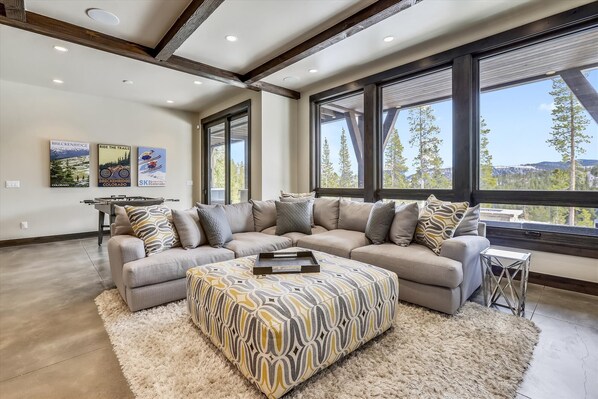 TV, fireplace, table football