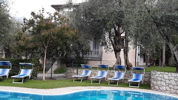 A swimming pool with lounge chairs and olive trees. - House stefi 2 M0230450730 (Malcesine)