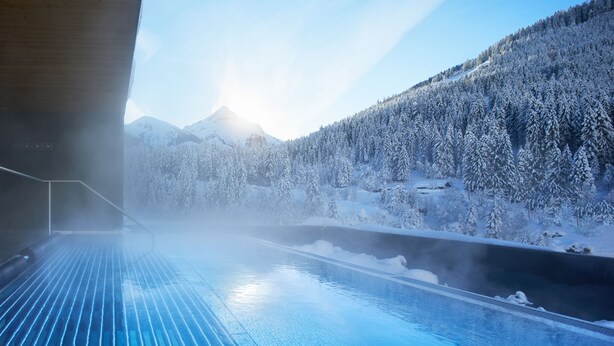 A spa area with a view of a snow-covered forest and mountains. - Almhof Family Resort & SPA (Gerlos)