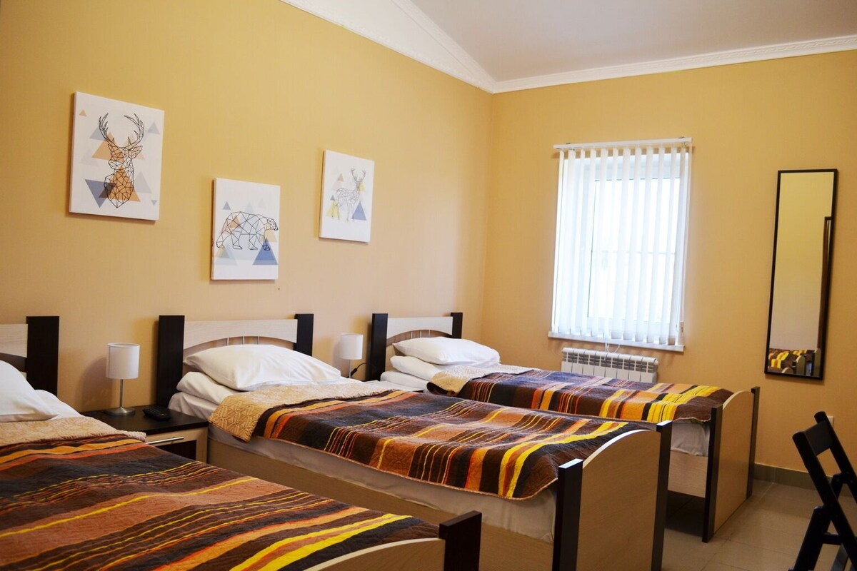 Habitación de hotel con dos camas, un ventanal grande con persianas y tres obras de arte colgadas en la pared.