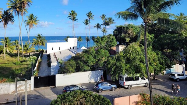 Zona residencial con vista al océano, palmeras y automóviles estacionados.