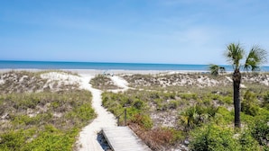 A sandy beach path leading to the ocean, surrounded by dunes and sparse vegetation. - 129 Dune Lane- Welcome to 5,000 square feet of oceanfront bliss! (Hilton Head Island)