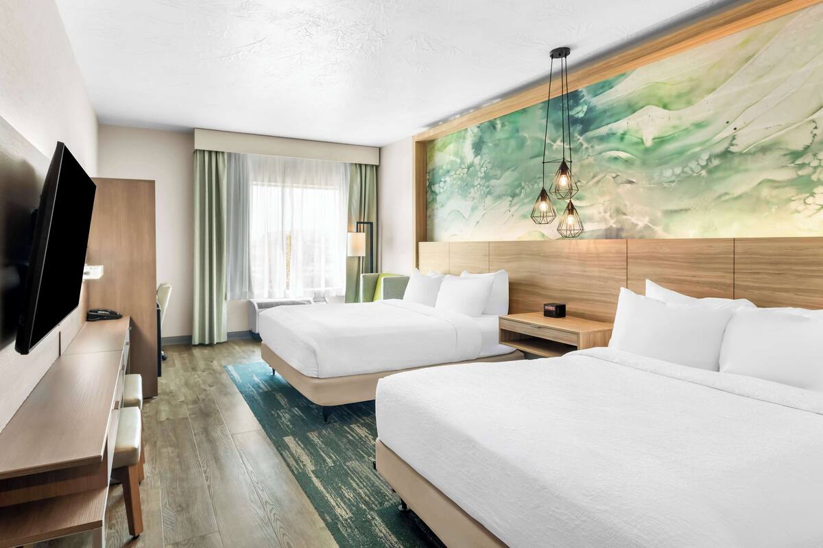 desk, laptop workspace, blackout curtains, iron/ironing board