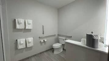 A modern bathroom with a toilet, handrails, and a towel rack.