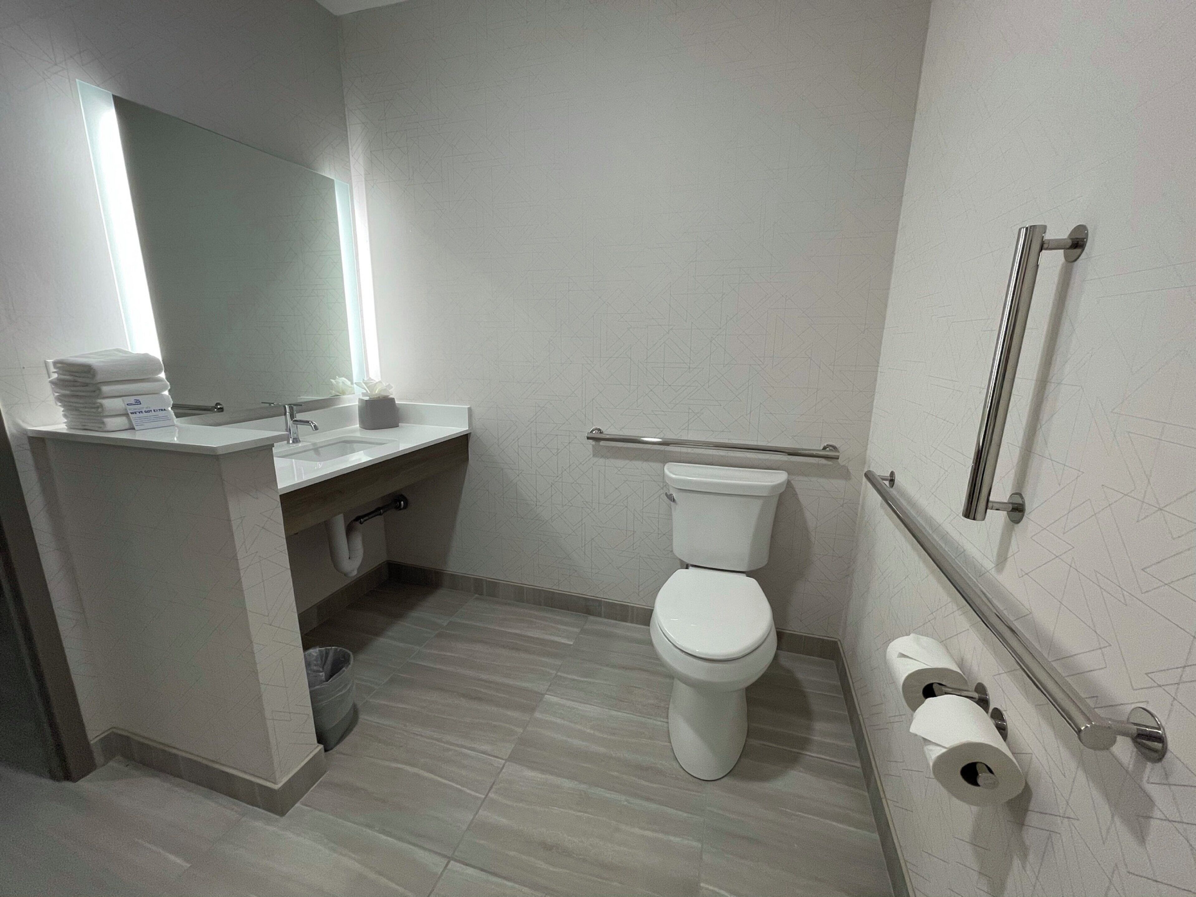 A modern bathroom with a toilet, sink, and handrails.