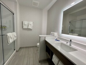 A modern bathroom with a glass shower enclosure, a white sink with a large mirror, and a toilet.