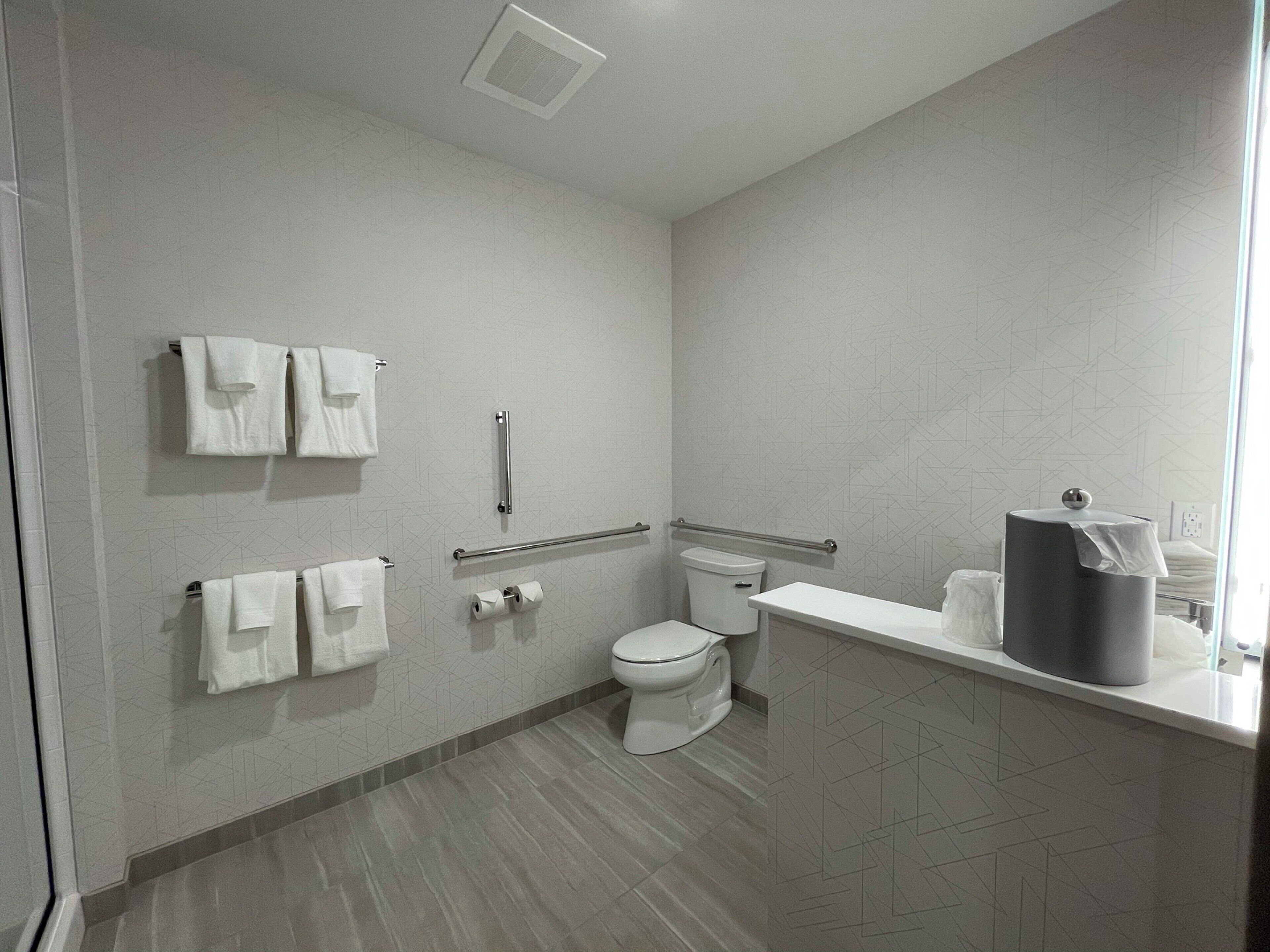 A modern bathroom with a toilet, handrails, and a trash can.