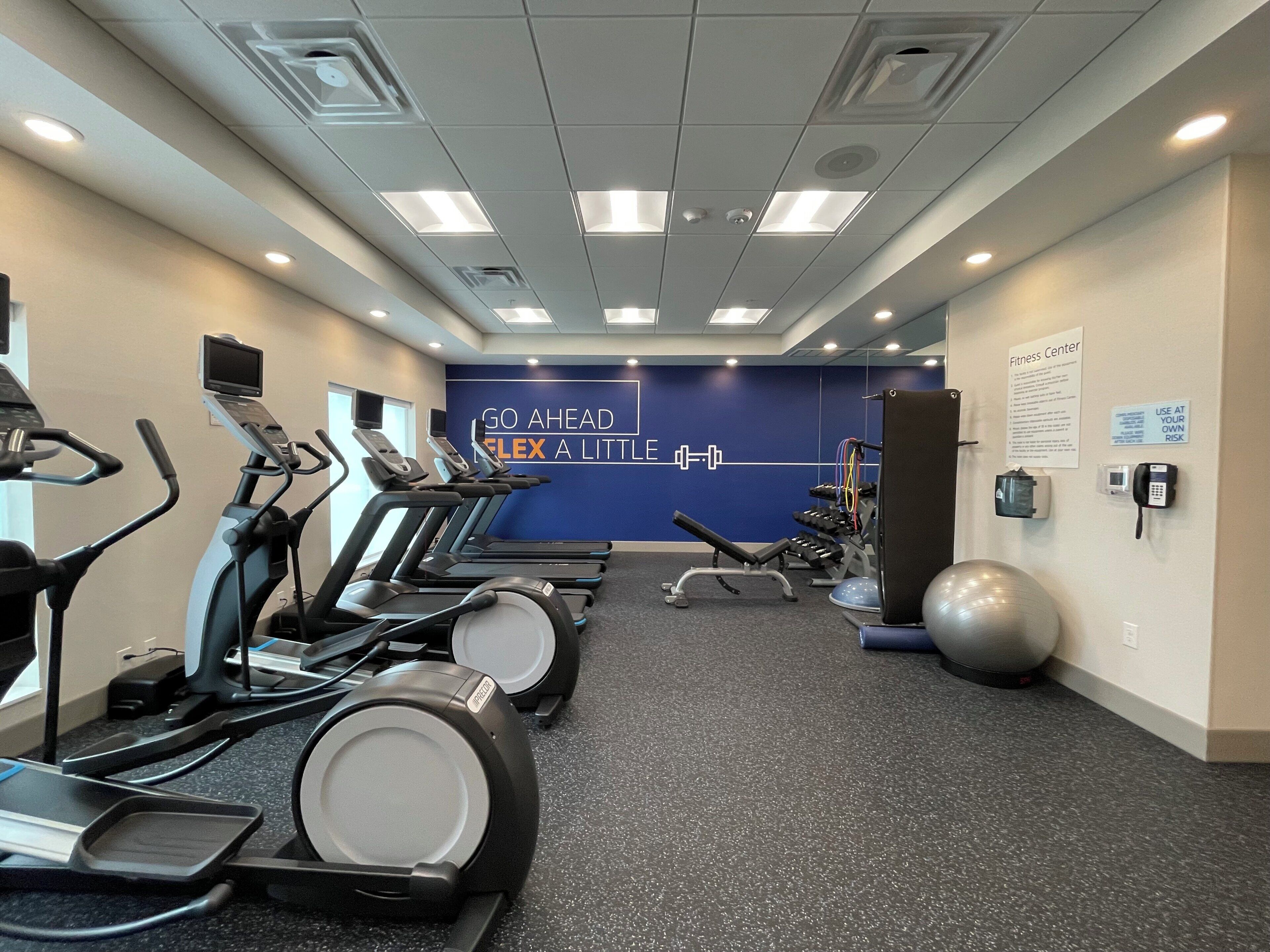 Un gimnasio con cintas de correr, elípticas y pelotas de ejercicio.