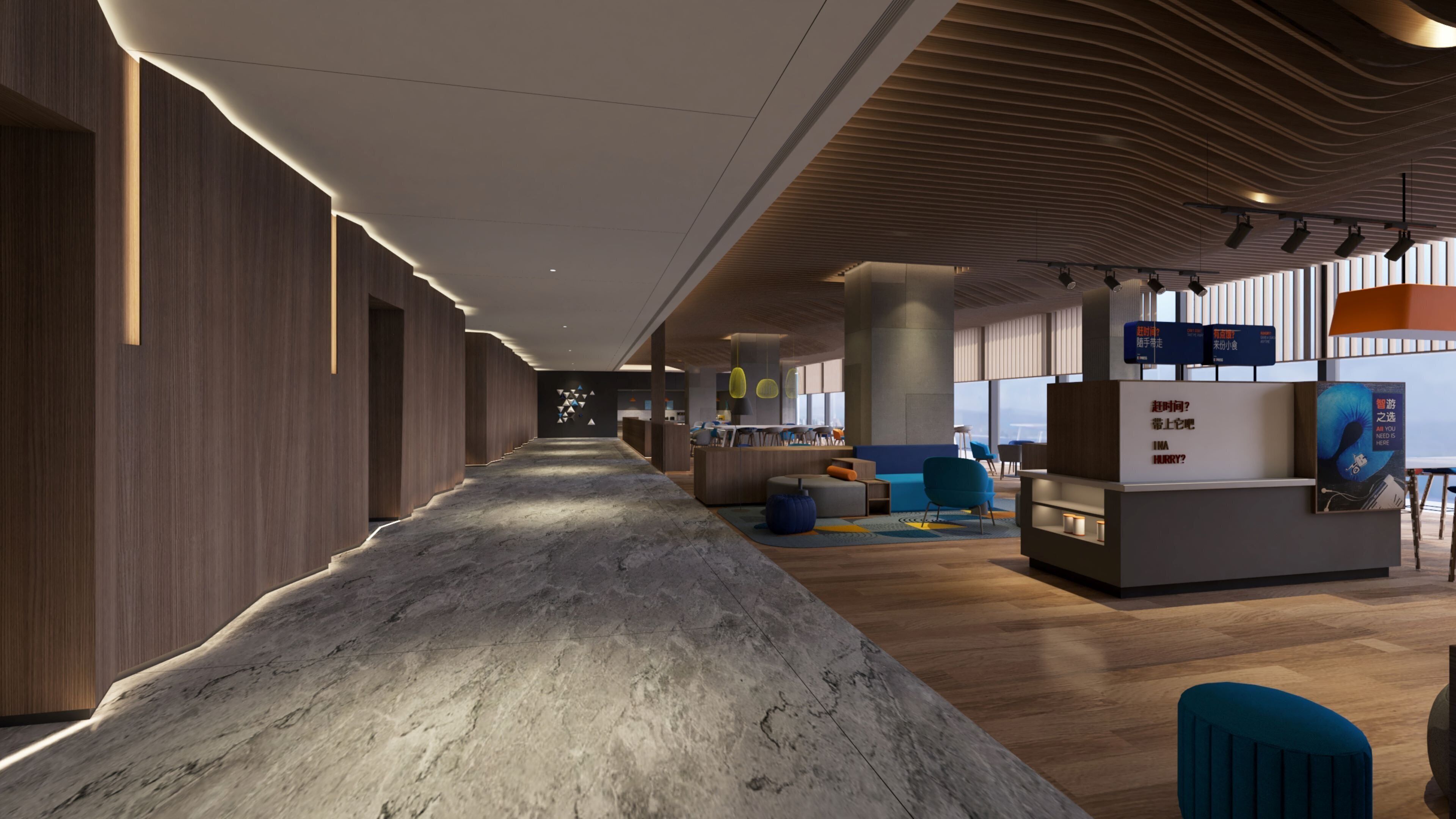A modern interior with a long hallway, wooden walls, and a reception desk with seating.
