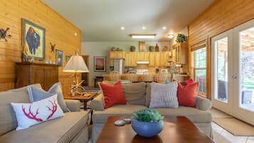 Smart TV, fireplace, books, music library