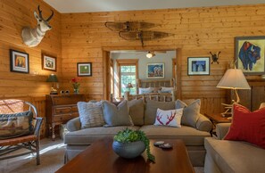 Smart TV, chimenea, libros y biblioteca musical 