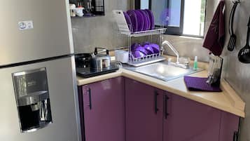 Fridge, microwave, stovetop, coffee/tea maker