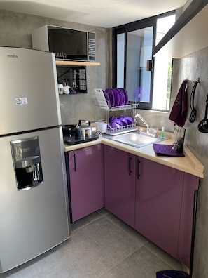 Fridge, microwave, stovetop, coffee/tea maker
