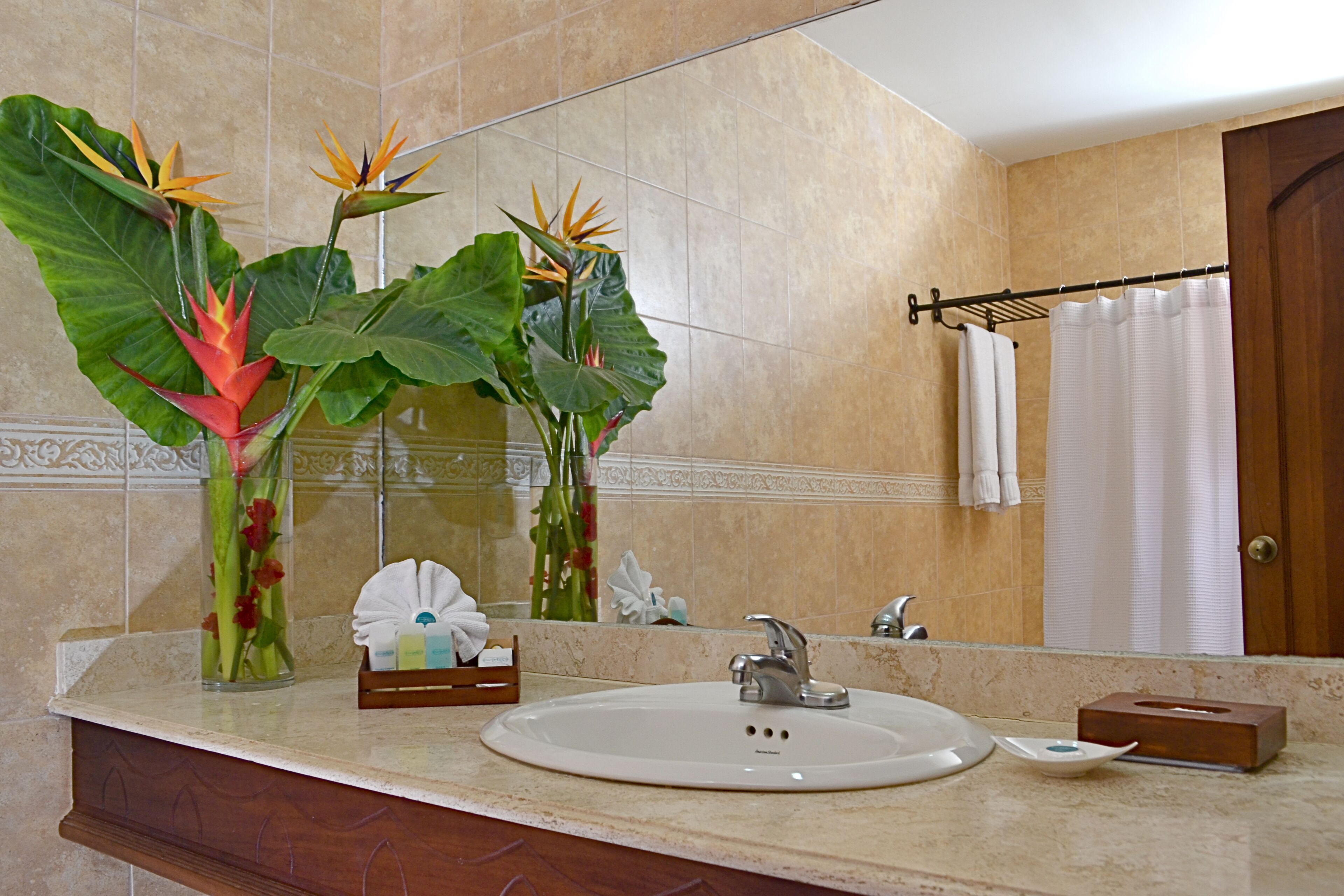 Un baño con lavabo, espejo y cortina de ducha.