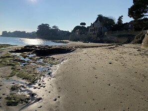 A sandy beach with footprints, a rocky shoreline, and a building in the background.