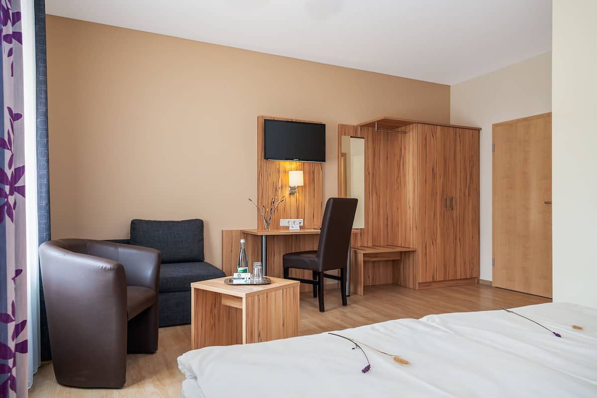 A hotel room with a bed, a desk, a chair, a sofa, and a wardrobe.