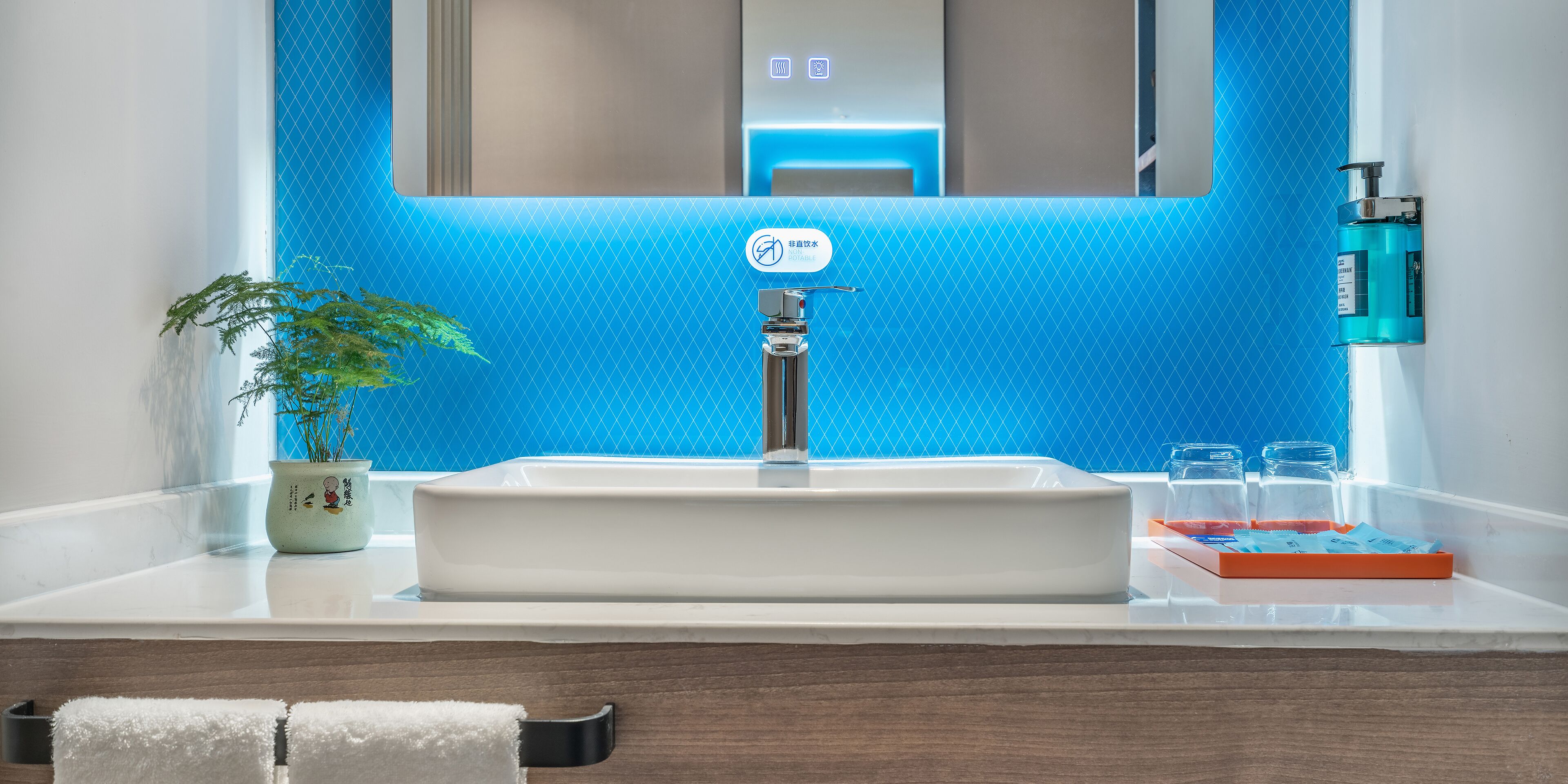 Rainfall showerhead, hair dryer, slippers, towels