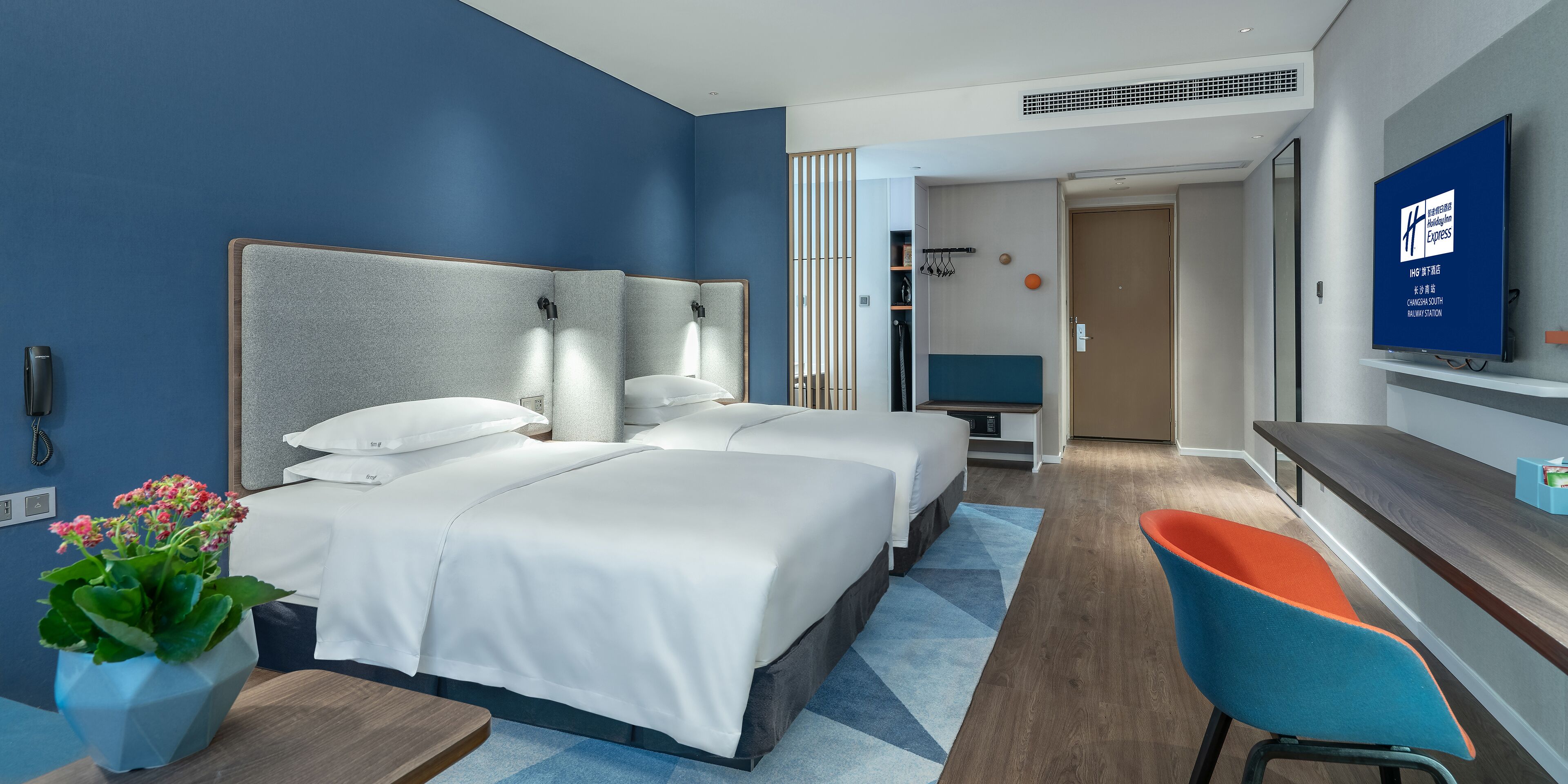 A hotel room with two beds, a desk, a chair, a TV, and a plant.