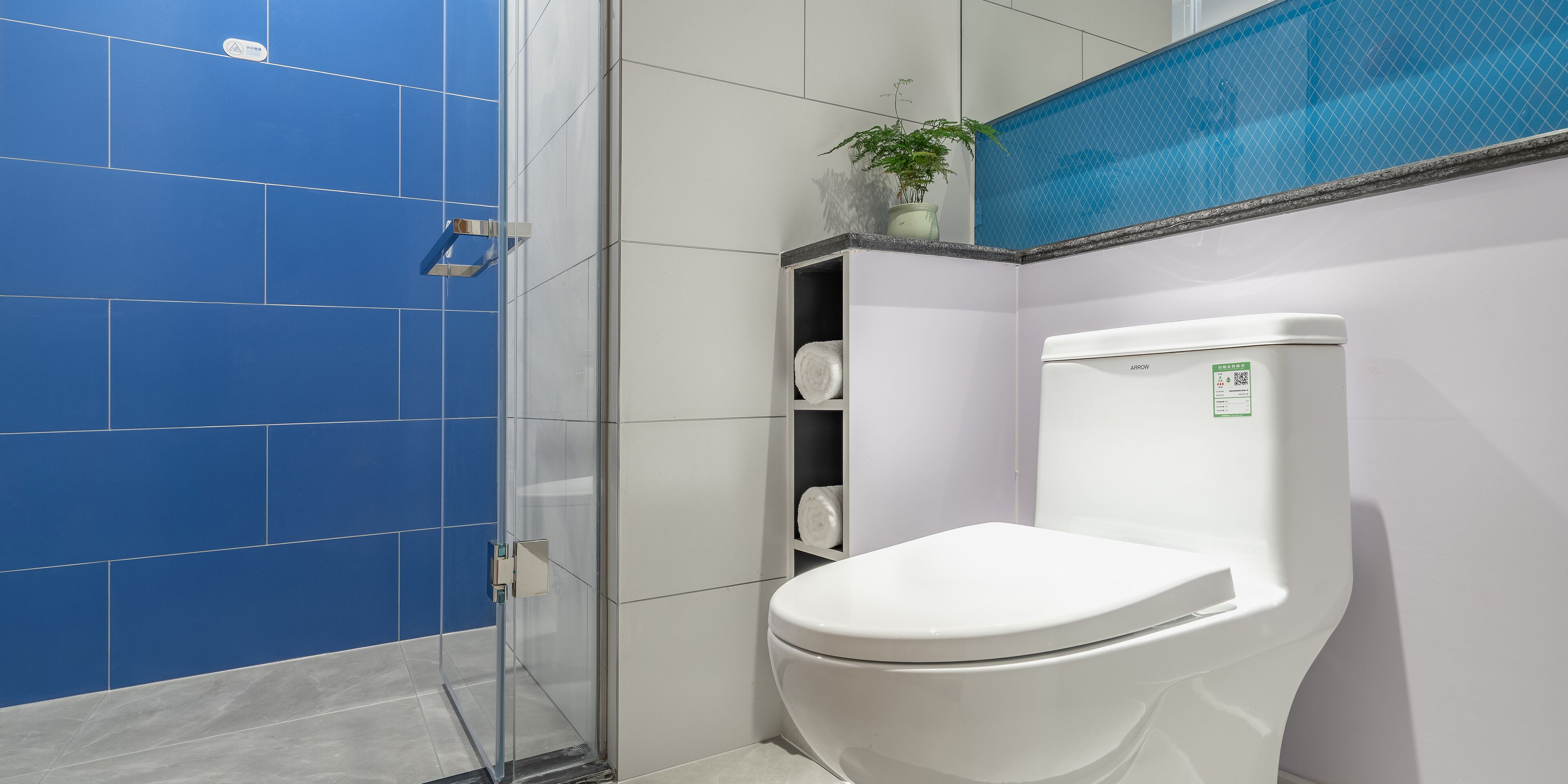 A modern bathroom with a white toilet, a glass shower enclosure, and a blue tiled wall.