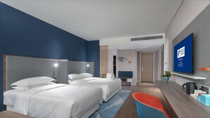 A modern hotel room with two beds, a desk, a chair, a TV, and a bathroom. - Holiday Inn Express Changsha South Railway Station by IHG (Changsha)