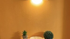 Une étagère fixée au mur, ornée d’un pot de fleurs et d’un objet décoratif, le tout placé devant un mur orange à texture.