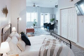 1 bedroom, desk, iron/ironing board, travel cot