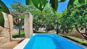 A rectangular swimming pool with a clear blue water surface, surrounded by a stone wall and lush greenery.