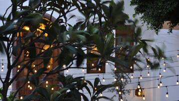 A building with string lights and greenery in the foreground.