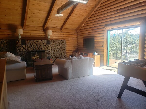 TV connectée, cheminée, lecteur de DVD, baby-foot