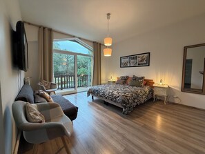 A bedroom with a large bed, a sofa, a TV, a bedside table, a mirror, and a view of the outdoors.