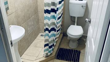 A bathroom with a shower, toilet, and sink.
