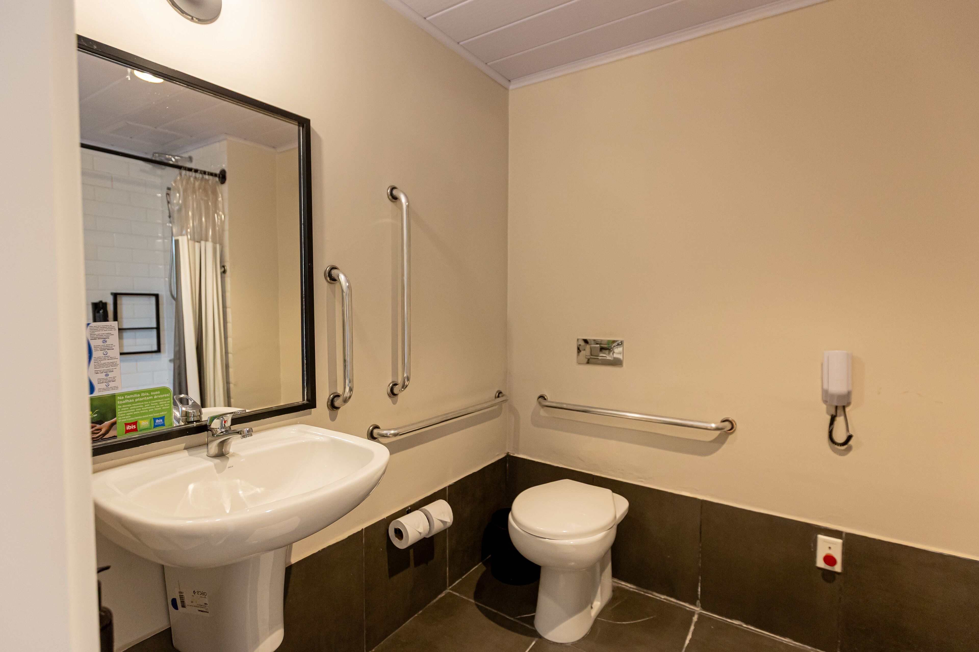 A bathroom with a white sink, a toilet, and a mirror. There are grab bars installed near the toilet and sink.