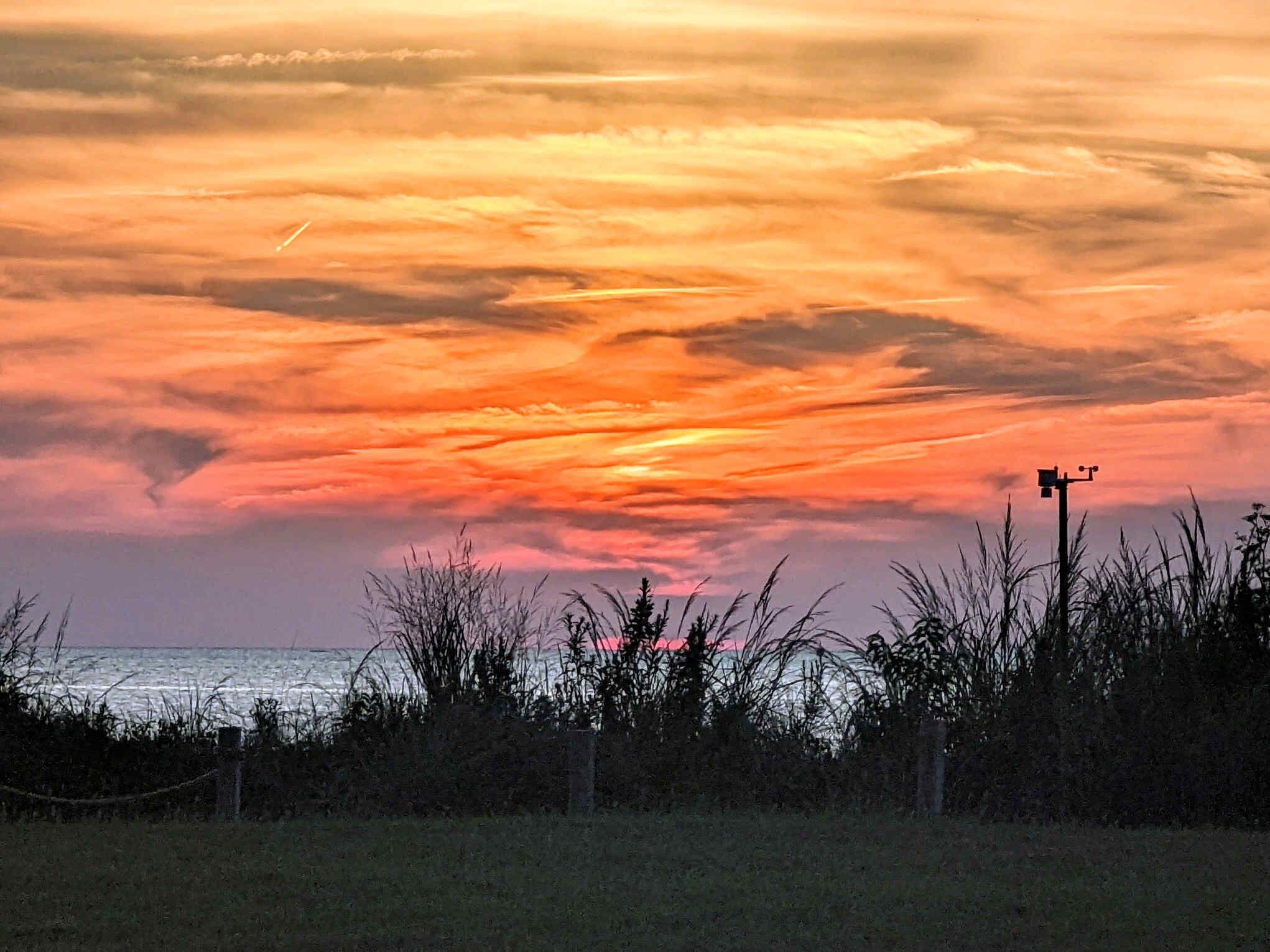 Un atardecer sobre un cuerpo de agua, con una cerca y vegetación en primer plano.